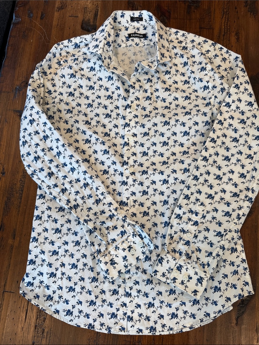 Express White Button-Up Shirt with Blue Floral Pattern